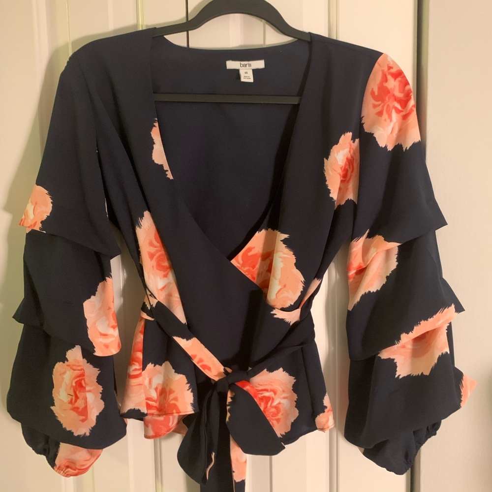 bar III Navy blue & pink floral v-neck blouse
